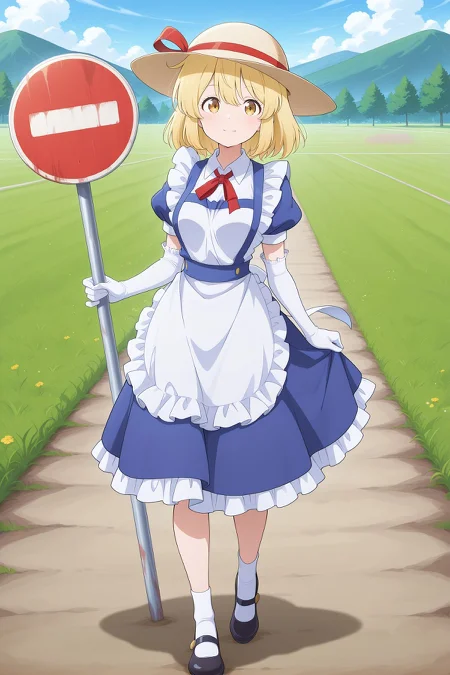 absurdres, highres, masterpiece, best quality, amazing quality, official anime artwork, screencap, anime screencap, outdoors, looking at viewer, light smile, dynamic pose, standing,
 <lora:Kana-Anaberal_Illustrious:1> kana anaberal, 1girl, solo, yellow eyes, blonde hair, short hair, sidelocks, medium breasts,, white hat, hat ribbon, red ribbon, puffy short sleeves, collared shirt, white shirt, blue dress, frilled dress, collared dress, white apron, waist apron, frilled apron, maid apron, elbow gloves, white gloves, frilled gloves, black shoes, mary janes, white socks, holding sign, no entry sign,