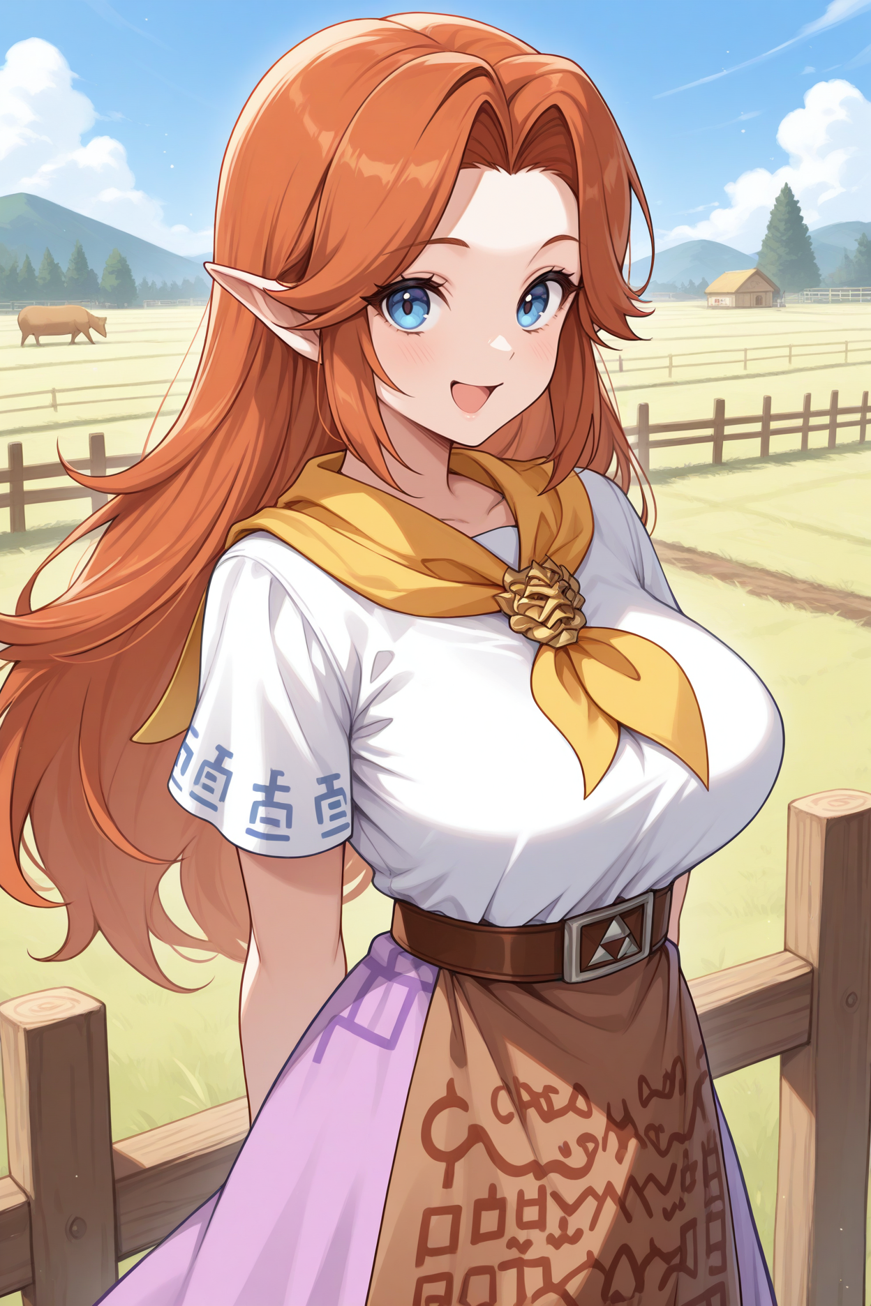 masterpiece, best quality, 1girl, solo,  <lora:malon-illu-nvwls-v1:1> mal0n, auburn hair, long hair, pointy ears, blue eyes, yellow neckerchief, gold brooch, white shirt, short sleeves, brown belt, long skirt, purple skirt, brown apron, large breasts, upper body, looking at viewer, smile, farm, blue sky, fence, arms behind back, open mouth