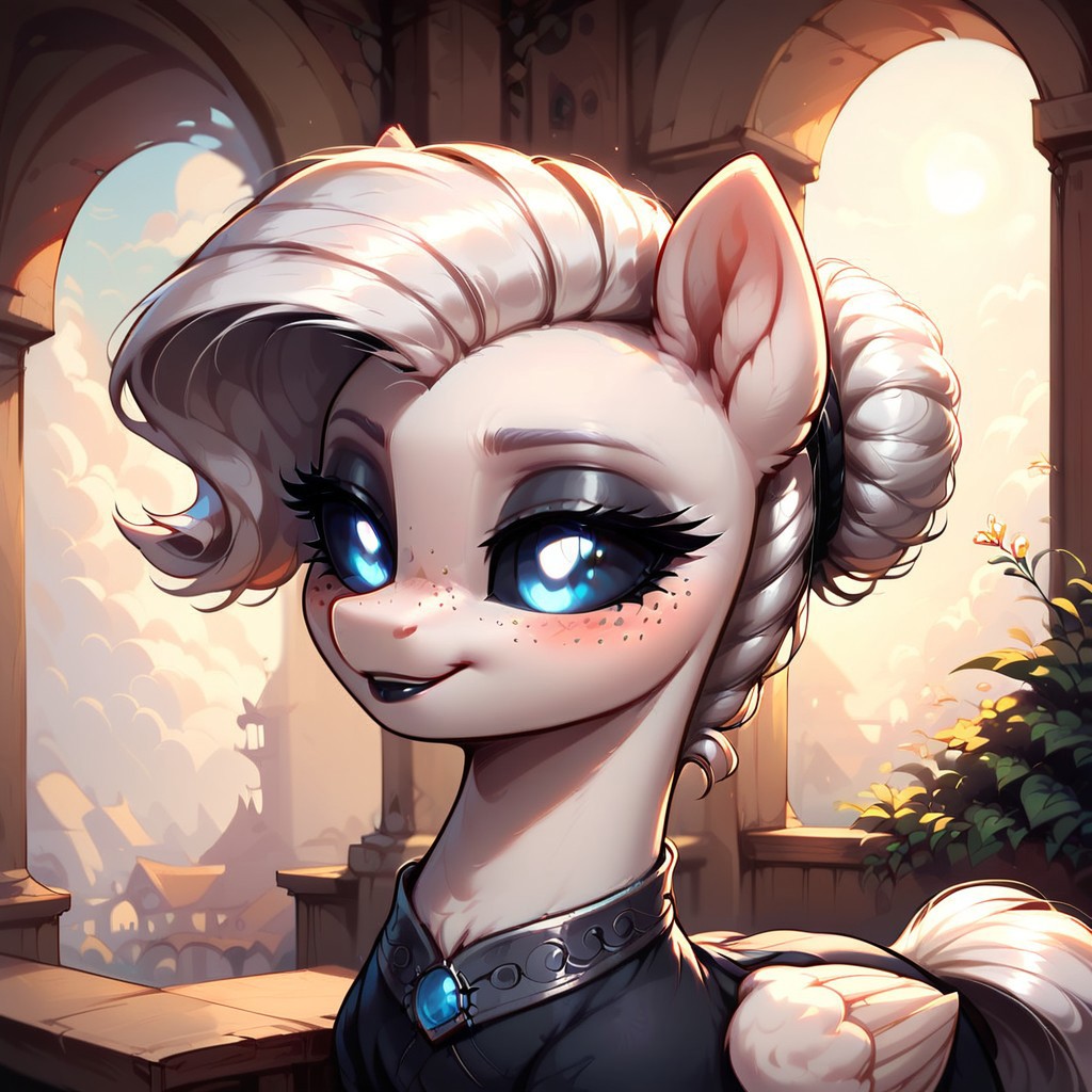 masterpiece, score_9, score_8_up, score_7_up, (best quality:1.1), ultra-detailed, high resolution, 1 girl, solo, pony, highly detailed macro illustration, mlp, g4, (Albina smiling), Albina, black sclera, (long white hair), black wings, glowing eyes, freckles, close-up face, smiling, blushing, mare, sensual, long eyelashes, (indoors), (((beautiful detailed eyes))), Long eyelashes, fluffy, ear fluff, thick lips, goth styles, black lipstick, black dress, Highly Visible, (((8k))), sharp focus, perfect lighting, anatomically correct, extremely detailed, shine on body, (medieval hall), high detail, Expressiveh, detailed background, OverallDetail, zPDXL2