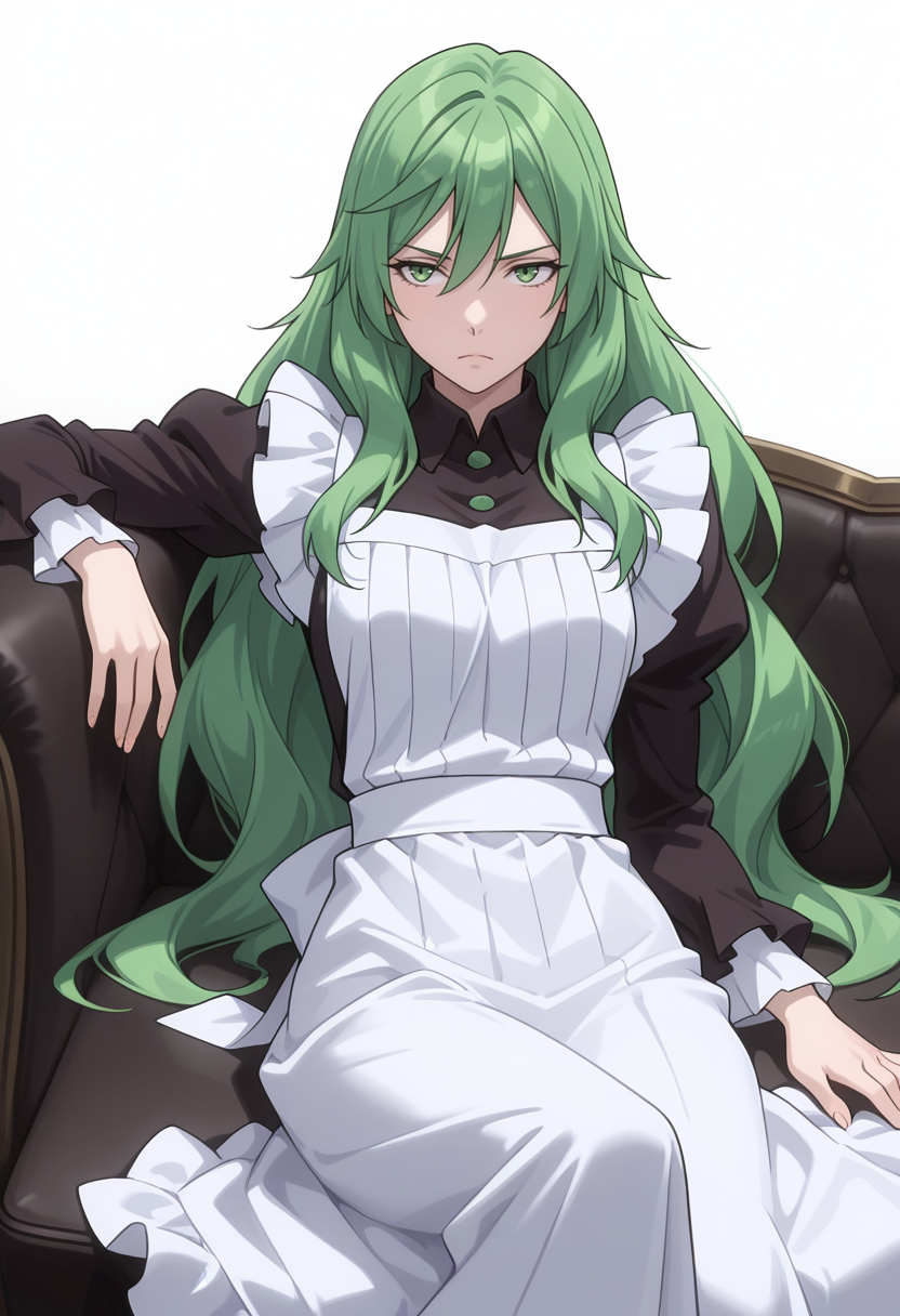 Smooth Quality,masterpiece,very intricate, high quality details, ultra realistic, high detailed skin,detailed enviorement,absurdres,
simple background, white background, 
front view,reclining, one leg over other, arm on backrest, calm, composed,  ,traumatized,
 <lora:Misery_cnn:0.8> 1girl, green hair, green eyes, hair between eyes, frown, very long hair, sidelocks,dress, shirt,maid apron, puffy sleeves, long sleeves, juliet sleeves, enmaided,