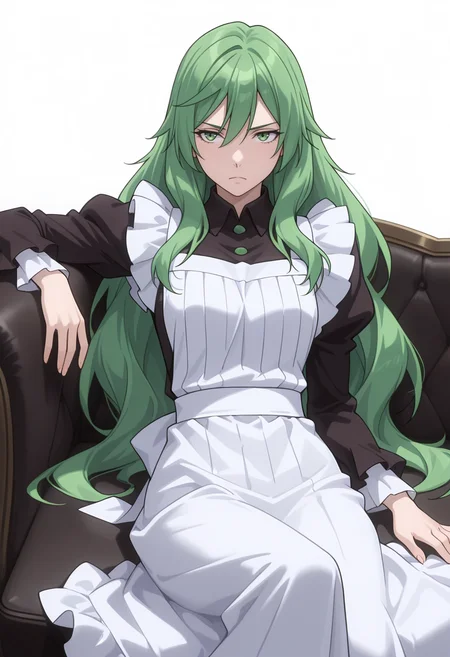 Smooth Quality,masterpiece,very intricate, high quality details, ultra realistic, high detailed skin,detailed enviorement,absurdres,
simple background, white background,
front view,reclining, one leg over other, arm on backrest, calm, composed, ,traumatized,
<lora:Misery_cnn:0.8> 1girl, green hair, green eyes, hair between eyes, frown, very long hair, sidelocks,dress, shirt,maid apron, puffy sleeves, long sleeves, juliet sleeves, enmaided,