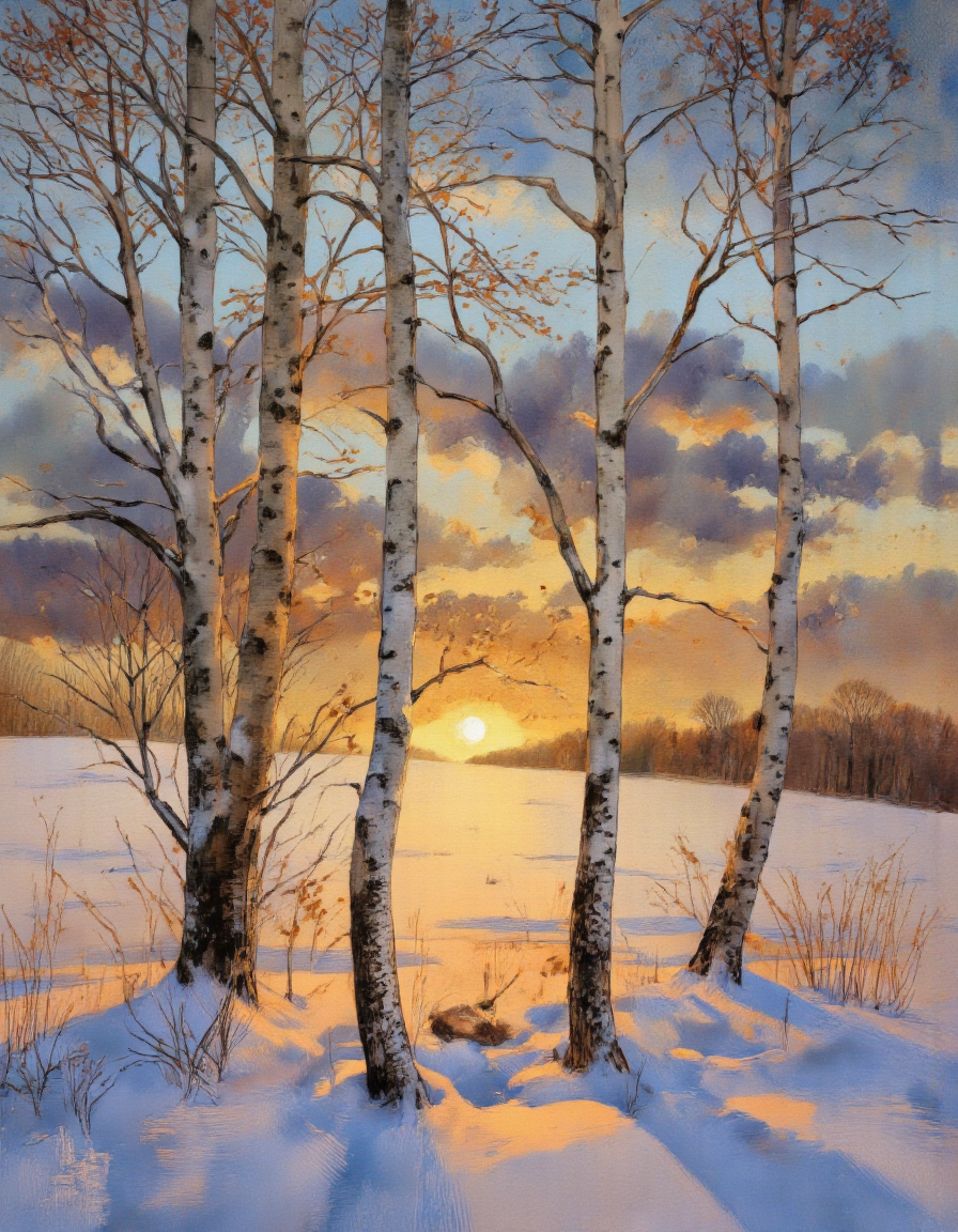 . A painting of a snowy landscape with birch trees in the foreground during sunset. The sky is a beautiful mix of oranges, pinks, and purples, with the sun casting a warm glow over the scene. The trees are silhouetted against the sky, with their white bark standing out against the blue and orange hues. the snow-covered ground is illuminated by the warm light of the setting sun, casting shadows on the trees and creating a peaceful and serene atmosphere. in the bottom left corner of the image, a signature can be seen, adding a personal touch to the artwork.