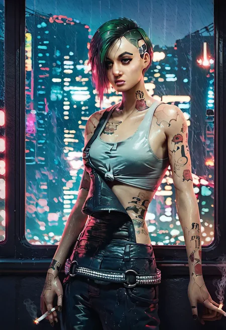 Score_9_up, score_8_up, score_7_up, 1girl, solo, judy alvarez, multicolored hair, green hair, pink hair, brown eyes, tattoo, overalls, tank top, open window, cigarette, raining, cyberpunk city