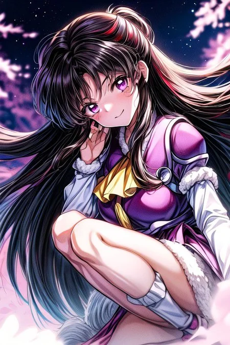 masterpiece, best quality 1girl Setsun4 solo long hair, (night time) forest background black hair very long hair purple eyes multicolored hair armor (fur trim) (medium body),<lora:EMS-179-EMS:0.800000>,<lora:EMS-293862-EMS:0.800000> bow, hair_bow, hair_tubes, red_bow, brown_hair, long_hair, bangs, ascot, frilled_bow, yellow_ascot, blush, smile, hair_between_eyes, athletic, armor