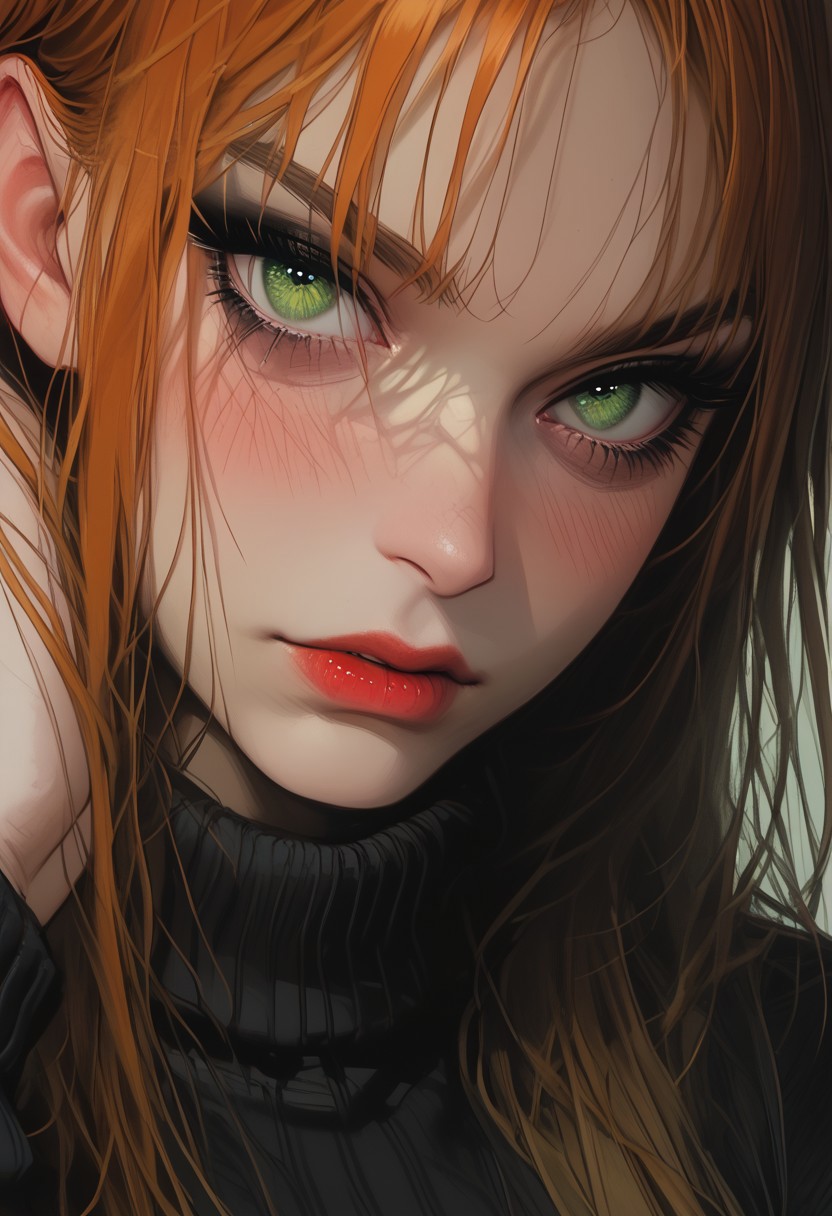 score_9, score_8_up, score_7_up, score_6_up, score_5_up, 1girl, long hair, orange hair, green eyes, perfect round face, blush, looking at viewer, black makeup, Detailed, intimate, clear, personal, highly contrasted, excellent composition, advanced cinematic perfect light, hand on neck, sweater, (bulging muscles), (bulging breasts), athletic, dark red lipstick, face focus, close up,