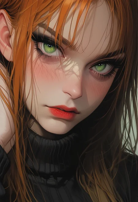 score_9, score_8_up, score_7_up, score_6_up, score_5_up, 1girl, long hair, orange hair, green eyes, perfect round face, blush, looking at viewer, black makeup, Detailed, intimate, clear, personal, highly contrasted, excellent composition, advanced cinematic perfect light, hand on neck, sweater, (bulging muscles), (bulging breasts), athletic, dark red lipstick, face focus, close up,