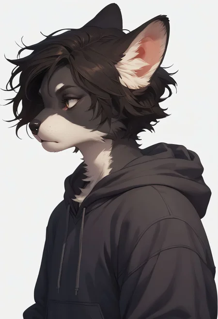 score_9,score_8_up,score_7_up,score_6_up, <lora:furry_support_prefect_pdxl:1>1girl, furry male, animal ears,short hair, animal nose, white background, simple background, snout, anthro, mammal, clothing,  fur, hoodie, hood down, black fur
