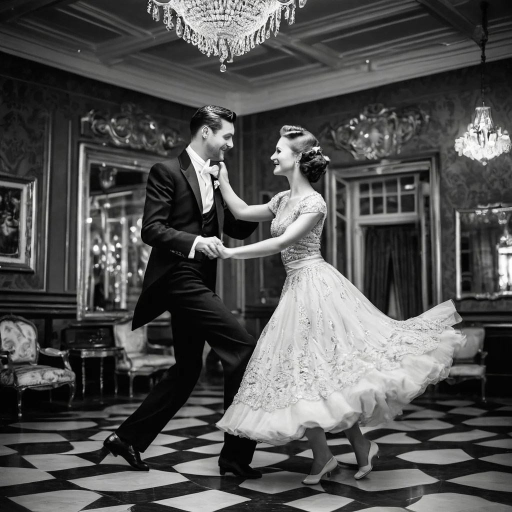 1male, 1female, Graceful couple in stunning vintage outfits, dancing elegantly with poise, retro black and white theme, capturing timeless elegance, focus on the couple as they move gracefully together, with a collection of cherished couple photos displayed in the background, viewed from a bird's-eye perspective, adding depth and a unique angle, enhancing the nostalgic and romantic ambiance.