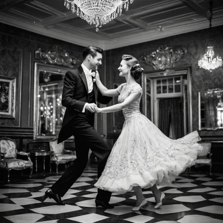 1male, 1female, Graceful couple in stunning vintage outfits, dancing elegantly with poise, retro black and white theme, capturing timeless elegance, focus on the couple as they move gracefully together, with a collection of cherished couple photos displayed in the background, viewed from a bird's-eye perspective, adding depth and a unique angle, enhancing the nostalgic and romantic ambiance.