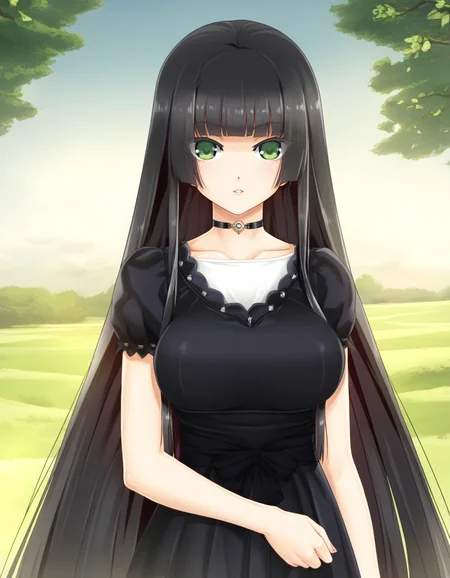 nazonoonna, green eyes, black hair, very long hair, hime cut, sidelocks, large breasts, aged up, black dress, white undershirt, black choker, short sleeves, outdoors, parted lips, solo <lora:Biman Adam-000063:1>
