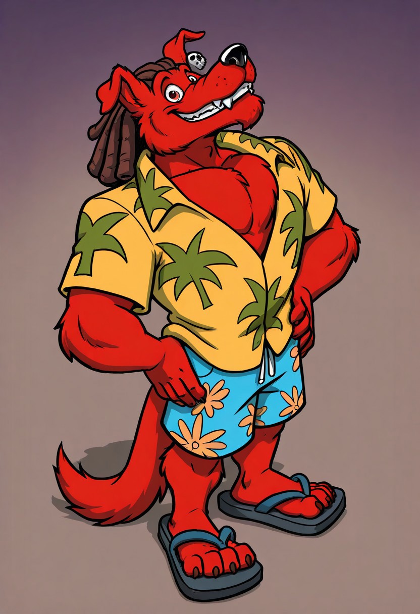 masterpiece, ultra detailed, amazing quality, absurdres, very aesthetic, no humans, solo focus, male focus, furry male, 1boy, from above, mini person, short, 
d_w0lf_mon, red fur, red body, body fur, elbow tuft, brown hair, dreadlocks, brown eyes, long snout, black nose, single earring, skull earring, smile, fangs, looking at viewer, grin, teeth, wide-eyed, facial hair, chin tuft, wrinkles, mature male, droopy ears, muscular, chest tuft, pectoral cleavage, yellow shirt, collared shirt, hawaiian shirt, palm tree print, short sleeves, partially unbuttoned, blue shorts, swimming trunks, floral print shorts, leaning back, head back, standing, hands on hips, looking up, finger claws, tail, sandals, toe claws, perfect hands, perfect feet, 5 fingers, 4 toes, looming, low-angle view, 
BREAK 
patterned background, psychedelic background, perfect lighting, shadow,