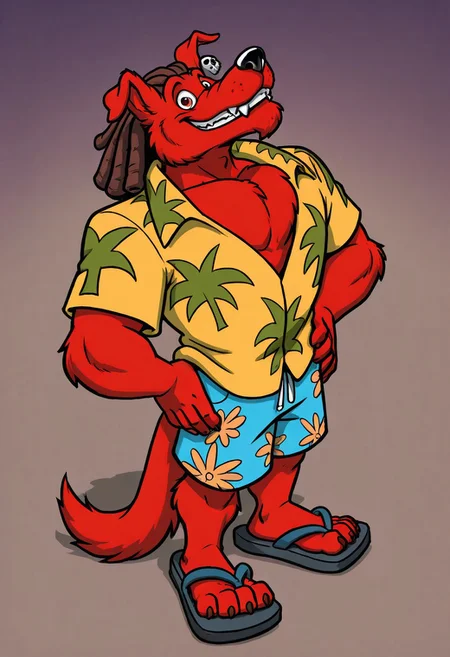 masterpiece, ultra detailed, amazing quality, absurdres, very aesthetic, no humans, solo focus, male focus, furry male, 1boy, from above, mini person, short, 
d_w0lf_mon, red fur, red body, body fur, elbow tuft, brown hair, dreadlocks, brown eyes, long snout, black nose, single earring, skull earring, smile, fangs, looking at viewer, grin, teeth, wide-eyed, facial hair, chin tuft, wrinkles, mature male, droopy ears, muscular, chest tuft, pectoral cleavage, yellow shirt, collared shirt, hawaiian shirt, palm tree print, short sleeves, partially unbuttoned, blue shorts, swimming trunks, floral print shorts, leaning back, head back, standing, hands on hips, looking up, finger claws, tail, sandals, toe claws, perfect hands, perfect feet, 5 fingers, 4 toes, looming, low-angle view, 
BREAK 
patterned background, psychedelic background, perfect lighting, shadow,