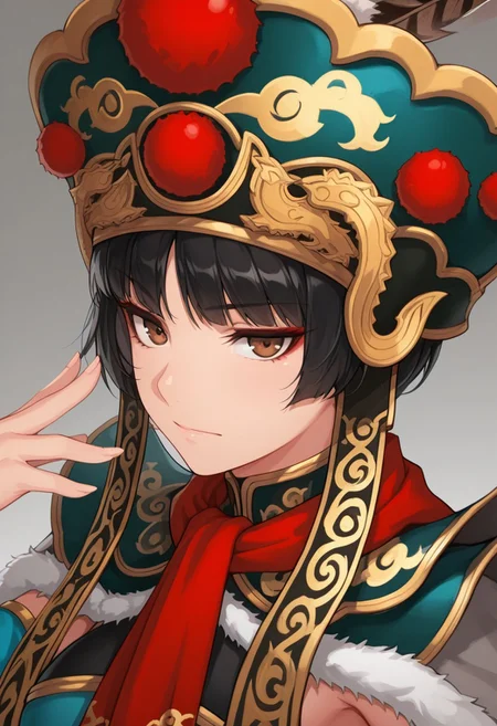 masterpiece, highly detailed, best quality, very aesthetic, absurdres, , Mian, 1girl ,solo , detached sleeves ,peking opera hat , feathers ,fur cape ,shoulder armor ,unworn mask ,short hair, (portrait,  boring:1.4)