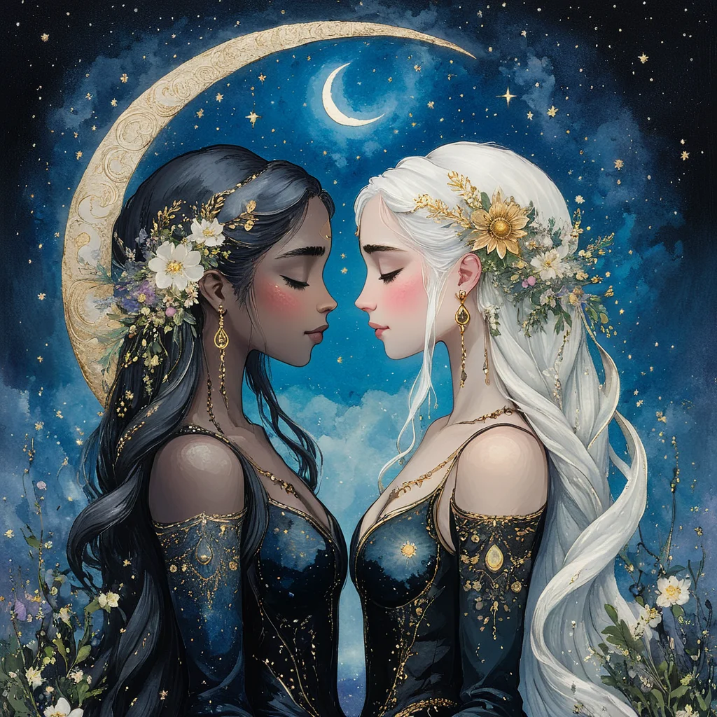 <lora:ArsMJStyle_-_SDXL:1>, ArsMJStyle, Gemini, The image shows two women with long hair and flowers in their hair standing in front of a crescent moon. The painting is an illustration of a woman and a girl with the woman's face illuminated by the moonlight., multiple girls, 2girls, flower, hair ornament, hair flower, long hair, closed eyes, moon, crescent moon, white hair, makeup, black hair, jewelry, crescent, eyeshadow, profile, yuri, blush, imminent kiss, earrings