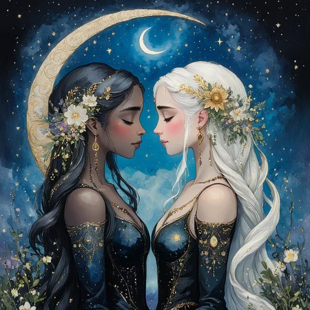 <lora:ArsMJStyle_-_SDXL:1>, ArsMJStyle, Gemini, The image shows two women with long hair and flowers in their hair standing in front of a crescent moon. The painting is an illustration of a woman and a girl with the woman's face illuminated by the moonlight., multiple girls, 2girls, flower, hair ornament, hair flower, long hair, closed eyes, moon, crescent moon, white hair, makeup, black hair, jewelry, crescent, eyeshadow, profile, yuri, blush, imminent kiss, earrings