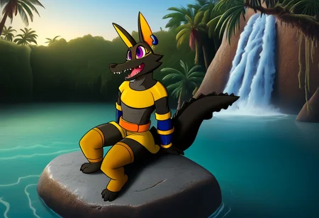 Tick tock crocodile,male animal focus,tail, crocodile open large mouth ,green skin, blue eyes, Tick Tock the crocodile is giant and very huge size,teeth, swimming in water,partially submerged,Tick Tock the crocodile looking at a Patrak from pacman who she is sitting on rock cliff. Reinforcement Tags: forehead mark, egyptian, tail, animal ears, purple eyes, black fur, furry, furry female, body fur, makeup, animal nose, black skin
For her Outfit : toeless legwear, yellow legwear, thighhighs, vambraces, belt, orange belt, multicolored belt, short dress, yellow dress, jewelry, earrings,open mouth,river,palm trees, jungle,temple, waterfall