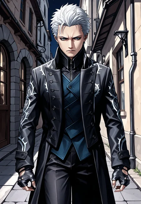 kanekostyle, lipstick, eye shadow, eyelashes, masterpiece, best quality, hyper-Detailed, 1man, solo, male focus, alone, detailed, DMC5Vergil ((toned body, fair skin, white hair, short hair, blue detailed eyes,)), ((wearing black coat, black pants, black fingerless gloves)), serious, looking away, walking, italian streets, night