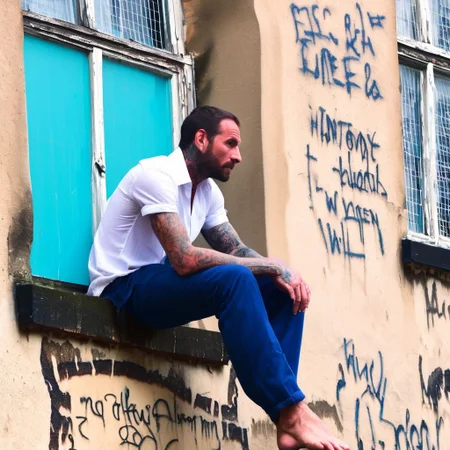 urban, tattooed man, detailed skin, two arms resting on knee, sitting on edge of stone windowsill, beam, under window, perched, handwriting graffiti, detailed, plaster, window frame, bokeh background, blue trousers, white short-sleeved shirt, both hands, highly-detailed face, stubble, individual hairs, sideburns, neck, brick wall, cyan, window hole with metal grid, photorealistic, barefoot, submerged