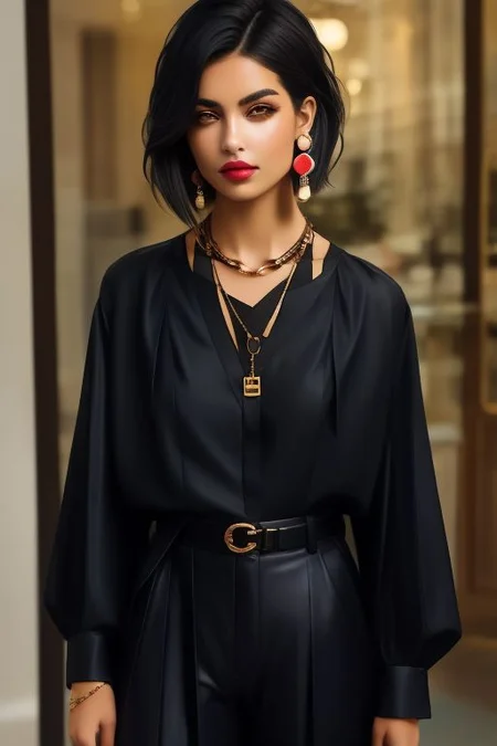masterpiece, best quality, ultra detailed, perfect_eyes, bellissima, 1girl, black collared shirt, brown pants, Armani style, very short hair, black hair, earrings, chain necklace, makeup cowboy_shot