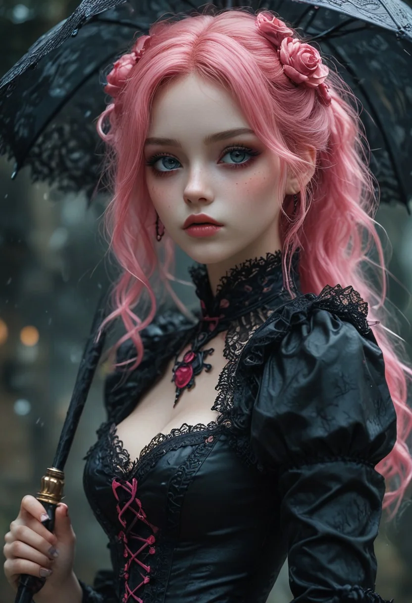 Masterpiece, dgtaaa, the intimate portrait of Perona, the Ghost Princess from *One Piece*, born of whimsy and gothic charm, her beauty playful and haunting,
Her bright pink hair styled into twin buns, her wide red eyes gleaming with mischief, her body leaning slightly to one side, one hand holding her iconic umbrella while the other gestures toward a floating ghost, her lips forming a cute, pouty smile,
Hyper-detailed skin with pale tones and a faint ethereal glow, cinematic lighting with soft pinks and cool blues, bokeh of a haunted mansion shrouded in mist, her pose playful yet eerie, exuding the charm of a gothic doll,
