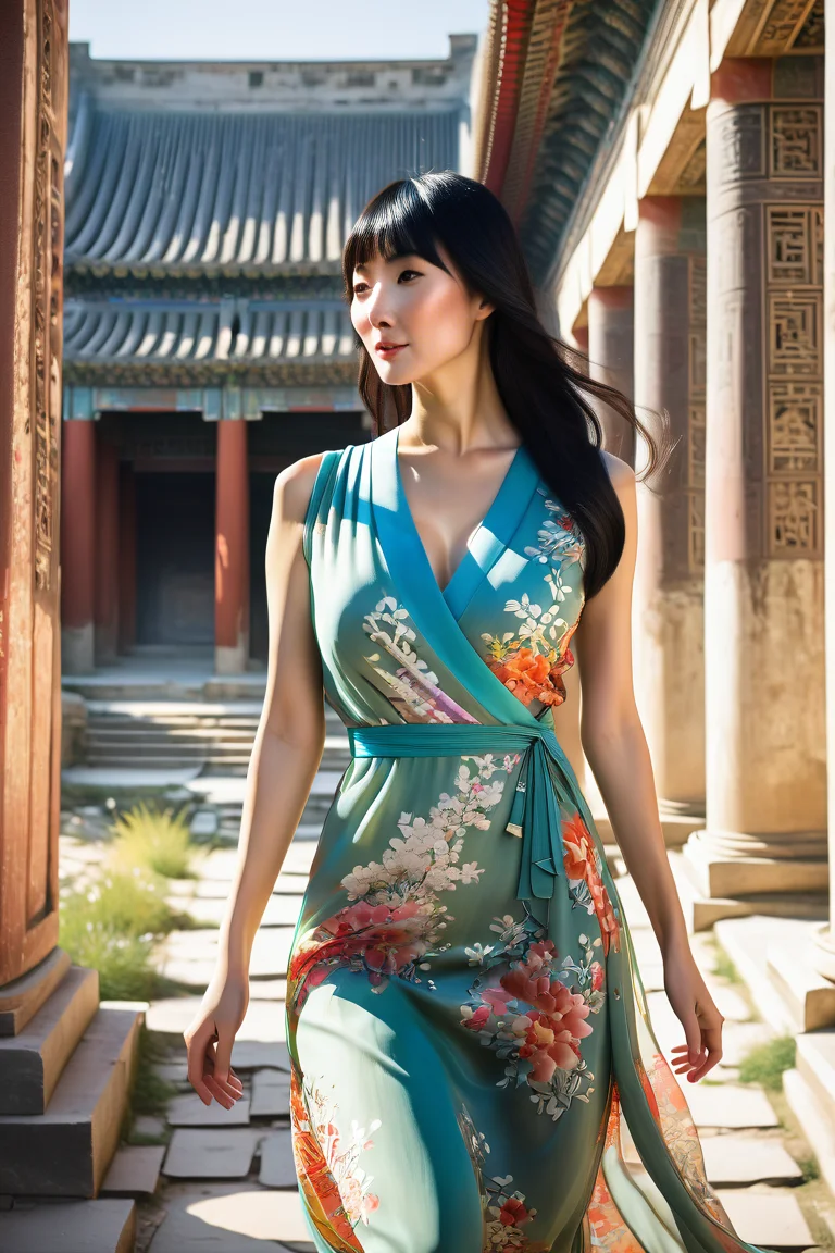 majmilfxc, a beautiful chinese woman in her eary 40s with long, silky smooth black hair and blunt bangs, exploring the ancient ruins of Chichén Itzá under the bright midday sun, wearing a flowing summer dress with a vibrant floral pattern, the dress fluttering gently in a breeze, sun-kissed skin glowing in the natural light, soft shadows cast across the structures, her expression serene and thoughtful as she walks among the ancient ruins, richly detailed textures, photorealistic rendering, cinematic composition, peaceful and timeless atmosphere
