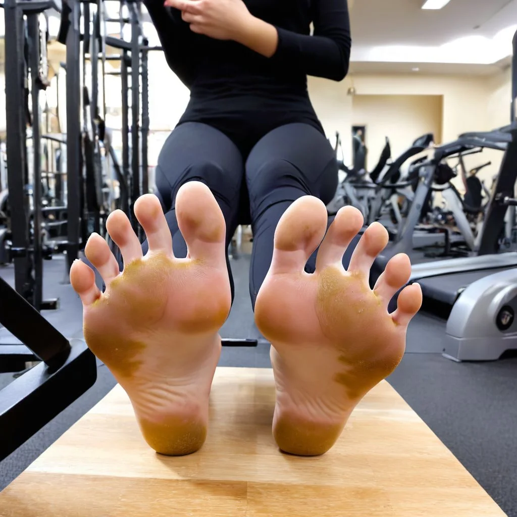 ((18 years old,)), (RAW photo, best quality), (realistic, photo-Realistic:1.1), best quality, masterpiece, beautiful and aesthetic, 16K, high contrast, (vibrant color:1.3), masterpiece, high quality, realistic aesthetic a beautiful girl, supermodel, sexy feet, detailed soles, five toes, spread toes, spread soles, sweaty feet, blonde, gym, dirty soles