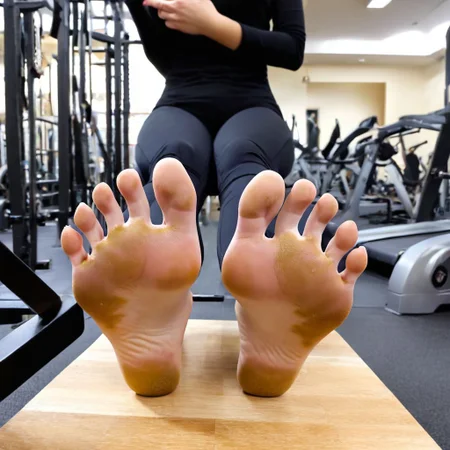 ((18 years old,)), (RAW photo, best quality), (realistic, photo-Realistic:1.1), best quality, masterpiece, beautiful and aesthetic, 16K, high contrast, (vibrant color:1.3), masterpiece, high quality, realistic aesthetic a beautiful girl, supermodel, sexy feet, detailed soles, five toes, spread toes, spread soles, sweaty feet, blonde, gym, dirty soles