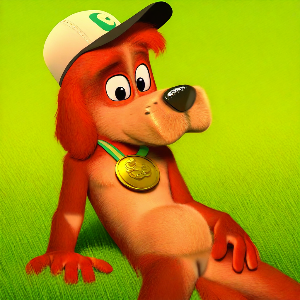 Best quality, high quality, Amazing quality, masterpiece, Spike barker, dog, red fur, beige underbelly, two Toned fur, teal and white cap, gold medal with teal ribbon, Furry, solo, alone, only, 1boy, grassfield background, aesthetic background, detailed,