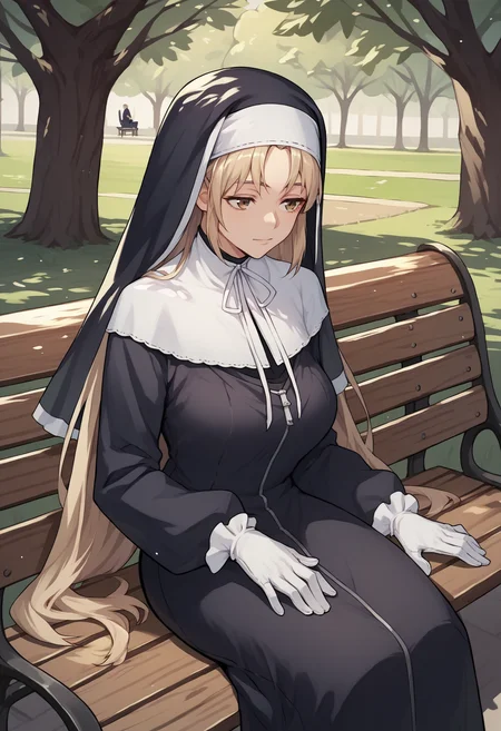 score_9, score_8_up, score_7_up, score_6_up, score_5_up, score_4_up, source_anime, sclaire, very long hair, nun, habit, capelet, white gloves, zipper, park, bench, sitting<lora:SisterClaireXL:1>