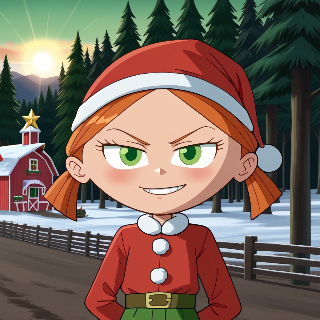 best quality, masterpiece, break, solo, elspeth, green eyes, orange hair, twintails, christmas, santa hat, santa suit, smirk, looking at viewer, farm, outdoors, natural lighting
