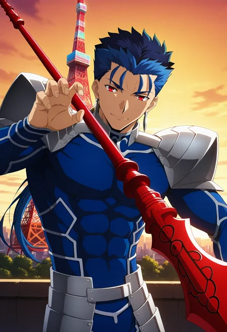 masterpiece, best quality, intricate details, anime screencap, anime coloring, official style, , 1boy, solo, male focus, <lora:lancer_fsn_ilxl:0.9>, lancer_fsn, cu chulainn \(fate\), fate/stay night, blue hair, red eyes, long hair, ponytail, spiked hair, earrings, jewelry, armor, shoulder armor, pauldrons, weapon, polearm, spear, holding, holding weapon, holding polearm, panorama, tokyo tower, noon, claw pose, light smile,