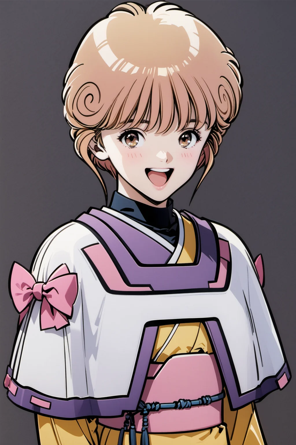 Ai Amano,1girl,solo,short hair,blonde hair,smile,open mouth,brown eyes,yellow short kimono white pantyhose white capelet pink obi pink bow,simple background,upper body,black background,<lora:Katsura Masakazu_XL_V2:0.9>,