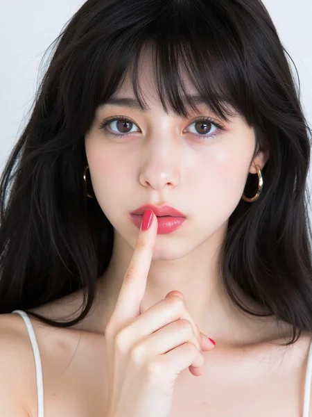 There are wonderful studio lights and various reflections,
18yo beautiful cute girl with blushing and female orgasm.skin naturally showing the texture of blood vessels and detailed pale skin,
--,
<lora:Nakajo_Ayami_f1:1>,she is Nakajo Ayami, --,A striking portrait of a supercute Asian model with stunning features, giving a bold and confident expression. Her long, glossy black hair cascades in soft waves around her face, highlighting her flawless, glowing skin. She has bright, expressive eyes framed by long lashes, and her lips are full and slightly parted, emphasizing her natural beauty. The model is holding her finger up to her lips in a playful yet defiant gesture, with her manicured nails painted a vibrant red. The lighting is bright and clean, casting a soft glow on her face, enhancing her delicate features. The overall mood is both daring and elegant, blending a sense of beauty with an edgy attitudeï¼A soft erotic atmosphere, the light evokes sexual desire.