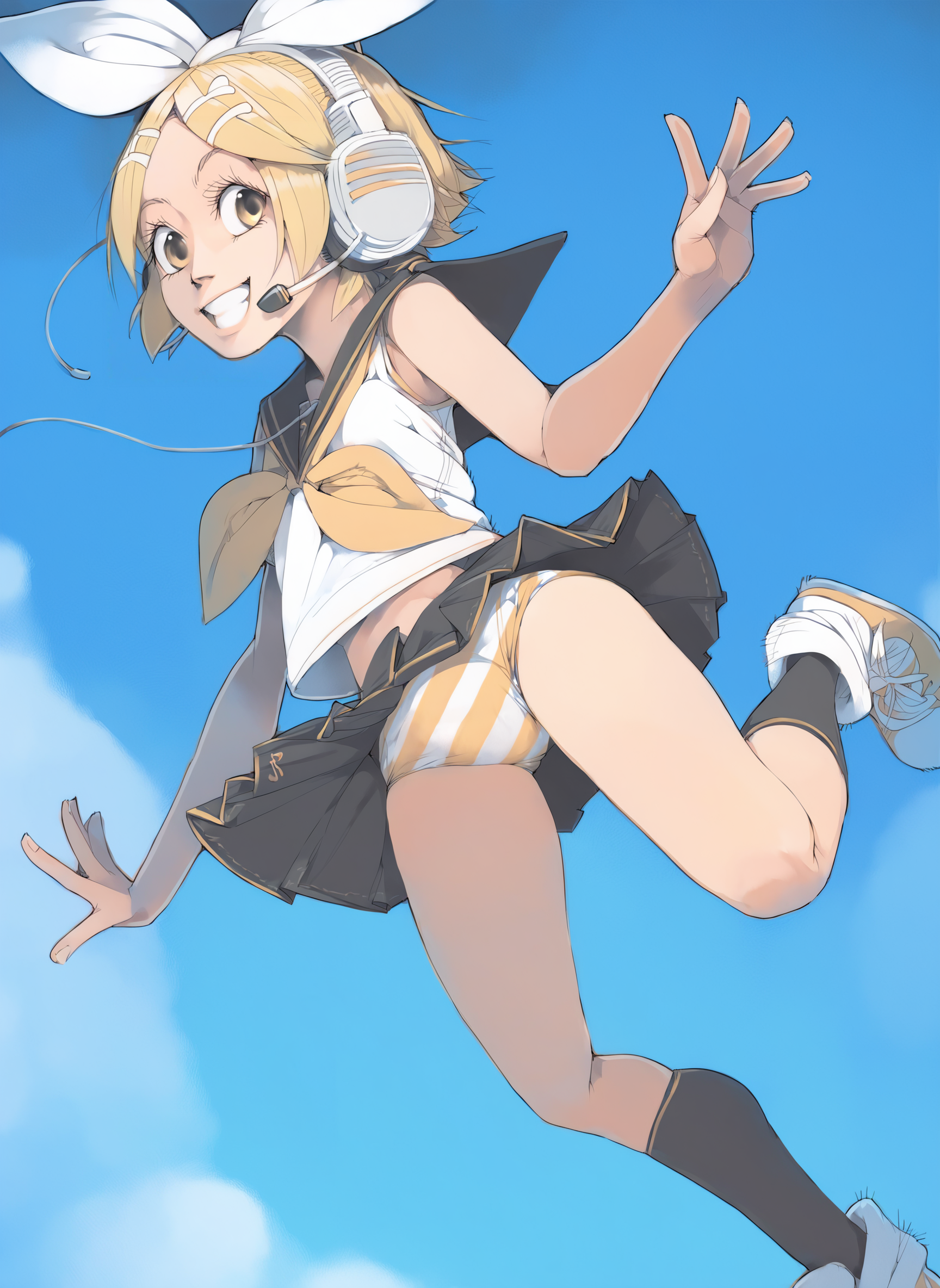 score_9, score_8_up, score_7_up, score_6_up, akinbo_style BREAK
1girl, kagamine rin, solo, smile, short hair, skirt, blonde hair, ribbon, yellow eyes, hair ribbon, socks, headphones, striped panties, jumping
<lora:akinbo_pdxl6:1>