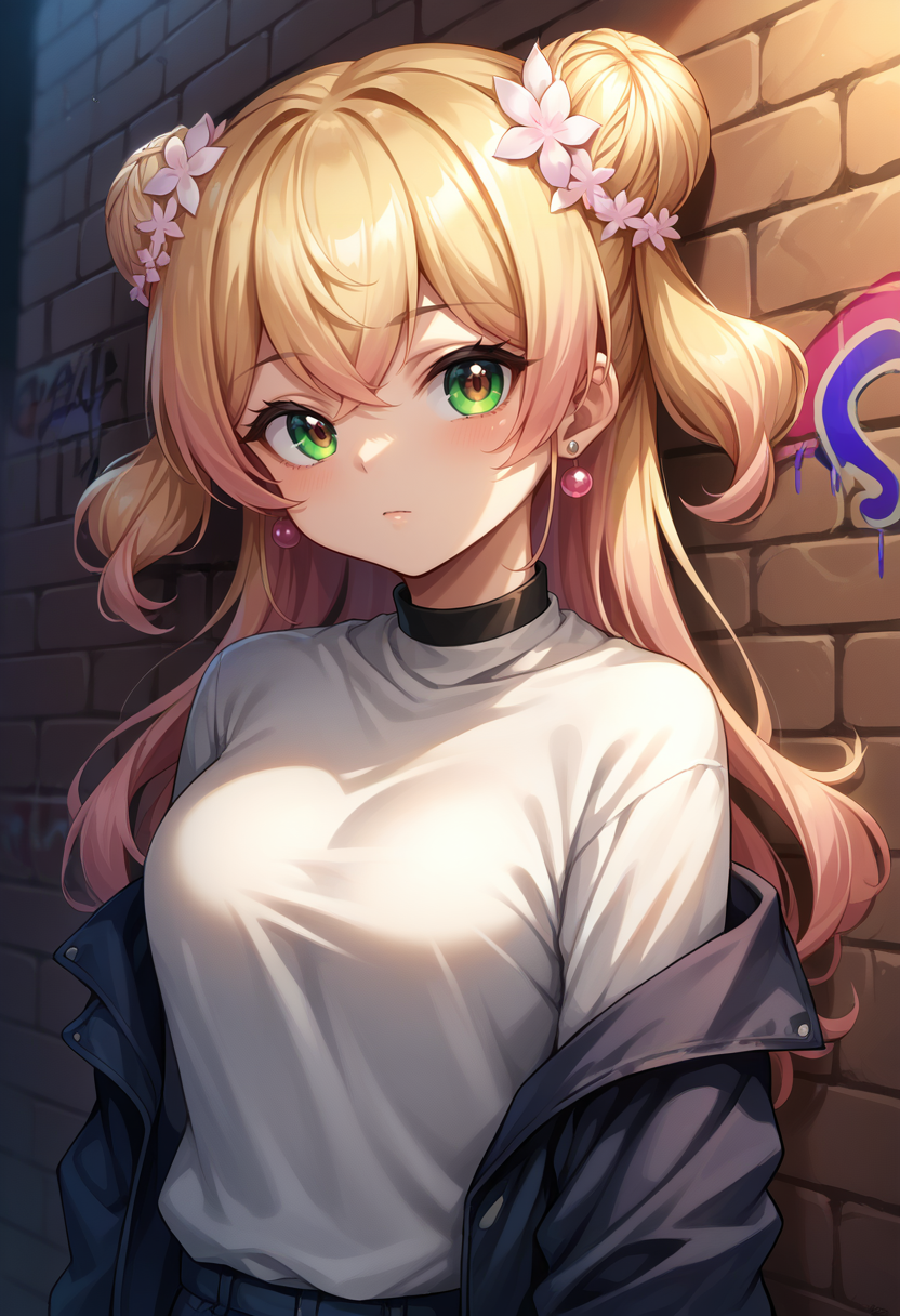 score_9, score_8_up, score_7_up, source_anime, 1girl, solo, MomosuzuNene, long hair, double bun, hair flower, earrings, sharp eyes, choker, neon shirt, open jacket, turtleneck sweater, night, against wall, brick wall, graffiti, dim lighting, alley, looking at viewer, <lora:ChamMomosuzuNenePonyXL:1>