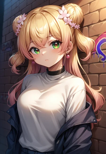 score_9, score_8_up, score_7_up, source_anime, 1girl, solo, MomosuzuNene, long hair, double bun, hair flower, earrings, sharp eyes, choker, neon shirt, open jacket, turtleneck sweater, night, against wall, brick wall, graffiti, dim lighting, alley, looking at viewer, <lora:ChamMomosuzuNenePonyXL:1>