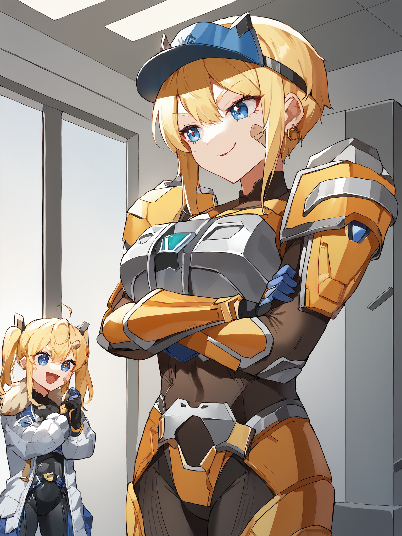score_9, score_8_up, score_7_up, zPDXL, zPDXLpg, source_anime, <lora:offset_0.2:0.1>, <lora:spo_sdxl_10ep_4k-data_lora_webui:1>, 2girls, indoors, workshop
maxwell, blonde hair, short hair, sidelocks, blue eyes, visor cap, bandaid on face, headset, earrings, large breasts, <lora:maxwell-nikke-richy-v1_pdxl:0.6>, bodysuit, armored bodysuit, armor, pauldrons, breast plate, gauntlets, gloves, <lora:Sazer_Visuel:1.0>, smug, smile, crossed arms
laplace, blonde hair, twintails, long hair, hair ornament, blue eyes, bandaid on face, black bodysuit, small breasts, white coat, fur trim, belt, gloves, <lora:laplace-nikke-richy-v1_pdxl:1>, sparkling eyes, sparkle, excited, open mouth