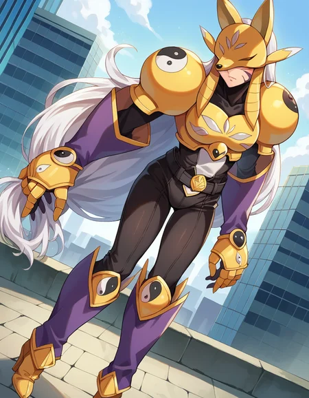 score_9, score_8_up, score_7_up, source_anime,
sakuyamon, <lora:digimon-sakura-ponyxl-lora-nochekaiser:1>
sakuyamon, animal ears, fox, fox ears, long hair, white hair, facial mark, fox mask, mask, covered eyes,
armor, belt, bodysuit, gauntlets, golden armor, high heels, yin yang,
outdoors, cityscape, bent over,
looking at viewer, dutch angle, cowboy shot,