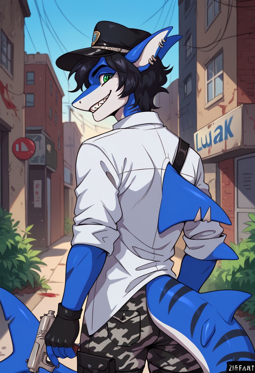 ziffir_stylepxl,  score_9, score_8_up, score_7_up, 1boy, solo, lunarsunxl, anthro shark,dark blue skin, stripes on the body, short hair,lush hair,black hair, green eyes, shark tail, ear piercing, BREAK,  black officer's cap, long black leather raincoat, black fingerless gloves, white shirt, camouflage pants, rear view turns to the viewer, predatory gaze, crazy eyes, wide smile, shark teeth, bloody face, holding a mauser pistol, background night alley of the city,