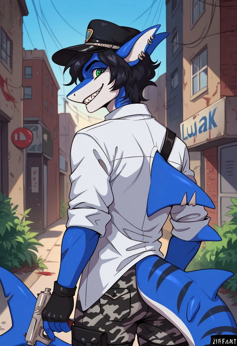 ziffir_stylepxl,  score_9, score_8_up, score_7_up, 1boy, solo, lunarsunxl, anthro shark,dark blue skin, stripes on the body, short hair,lush hair,black hair, green eyes, shark tail, ear piercing, BREAK,  black officer's cap, long black leather raincoat, black fingerless gloves, white shirt, camouflage pants, rear view turns to the viewer, predatory gaze, crazy eyes, wide smile, shark teeth, bloody face, holding a mauser pistol, background night alley of the city,