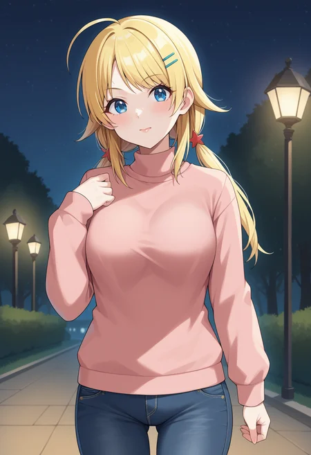score_9, score_8_up, score_7_up, BREAK source_anime, 1girl, hachimiya meguru, blonde hair, long hair, low twintails, ahoge, hairpin, blue eyes, looking at viewer, sweater, jeans, night sky, outdoors, cowboy shot <lora:hskc-meguru-pony-v0.5:1>