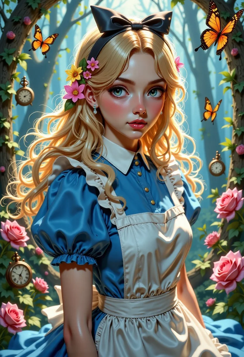 UnderlandAlice. 
A beautiful young woman with long, flowing blonde hair, wearing a classic blue dress with puffed sleeves and a white apron, inspired by Victorian fashion. She has bright blue eyes, soft pink lips, and a delicate, porcelain-like complexion. A large black bow sits atop her head, and colorful flowers are woven into her hair. She is surrounded by vibrant, fluttering butterflies of various colors, and blooming roses and other garden flowers. Vintage pocket watches float around her, adding a whimsical and surreal atmosphere. The background is dreamy and painterly, filled with soft, swirling colors and enchanted forest elements. The art style is highly detailed, vibrant, magical, and slightly fantastical, similar to high-end fantasy digital illustrations.