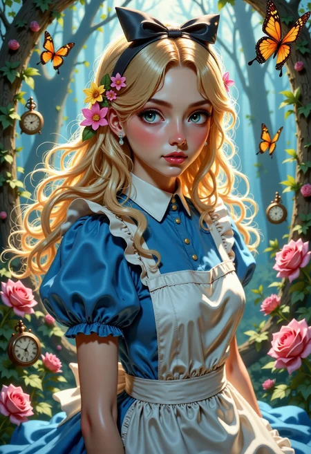 UnderlandAlice.
A beautiful young woman with long, flowing blonde hair, wearing a classic blue dress with puffed sleeves and a white apron, inspired by Victorian fashion. She has bright blue eyes, soft pink lips, and a delicate, porcelain-like complexion. A large black bow sits atop her head, and colorful flowers are woven into her hair. She is surrounded by vibrant, fluttering butterflies of various colors, and blooming roses and other garden flowers. Vintage pocket watches float around her, adding a whimsical and surreal atmosphere. The background is dreamy and painterly, filled with soft, swirling colors and enchanted forest elements. The art style is highly detailed, vibrant, magical, and slightly fantastical, similar to high-end fantasy digital illustrations.