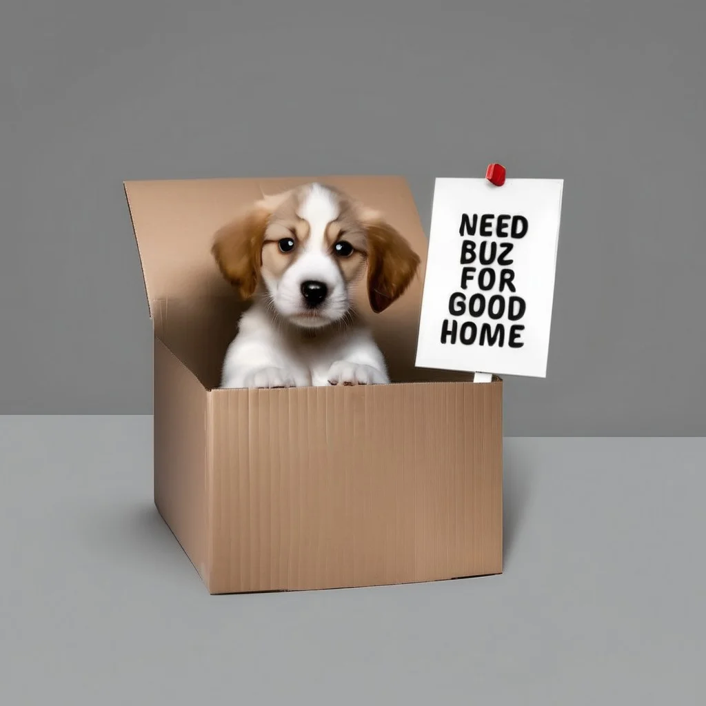 sad puppy in box with a sign saying "Need buz for good home"