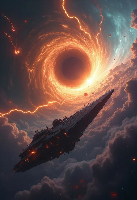 A titanic cosmic storm raging in the depths of space, centered around a swirling, glowing black hole. The black hole’s immense gravitational pull distorts light, creating a radiant accretion disk of searing, swirling gases in hues of fiery orange, electric blue, and radiant gold. Surrounding the black hole, colossal lightning bolts arc across the void, each one illuminating the scene with blinding flashes of energy. Fragments of shattered planets and glowing asteroids orbit chaotically, drawn in by the black hole’s immense power. In the distance, a massive ancient starship drifts perilously close to the event horizon, its surface scorched and illuminated by the raw energy of the storm. The starship’s silhouette is awe-inspiring, adorned with intricate alien architecture and faintly glowing runes, suggesting a long-lost civilization. The backdrop is a sea of stars and nebulae, painted in vibrant purples and greens, contrasting with the fiery chaos of the storm. The scene is otherworldly, full of motion and raw cosmic power, capturing the terrifying beauty of the universe’s mightiest forces
