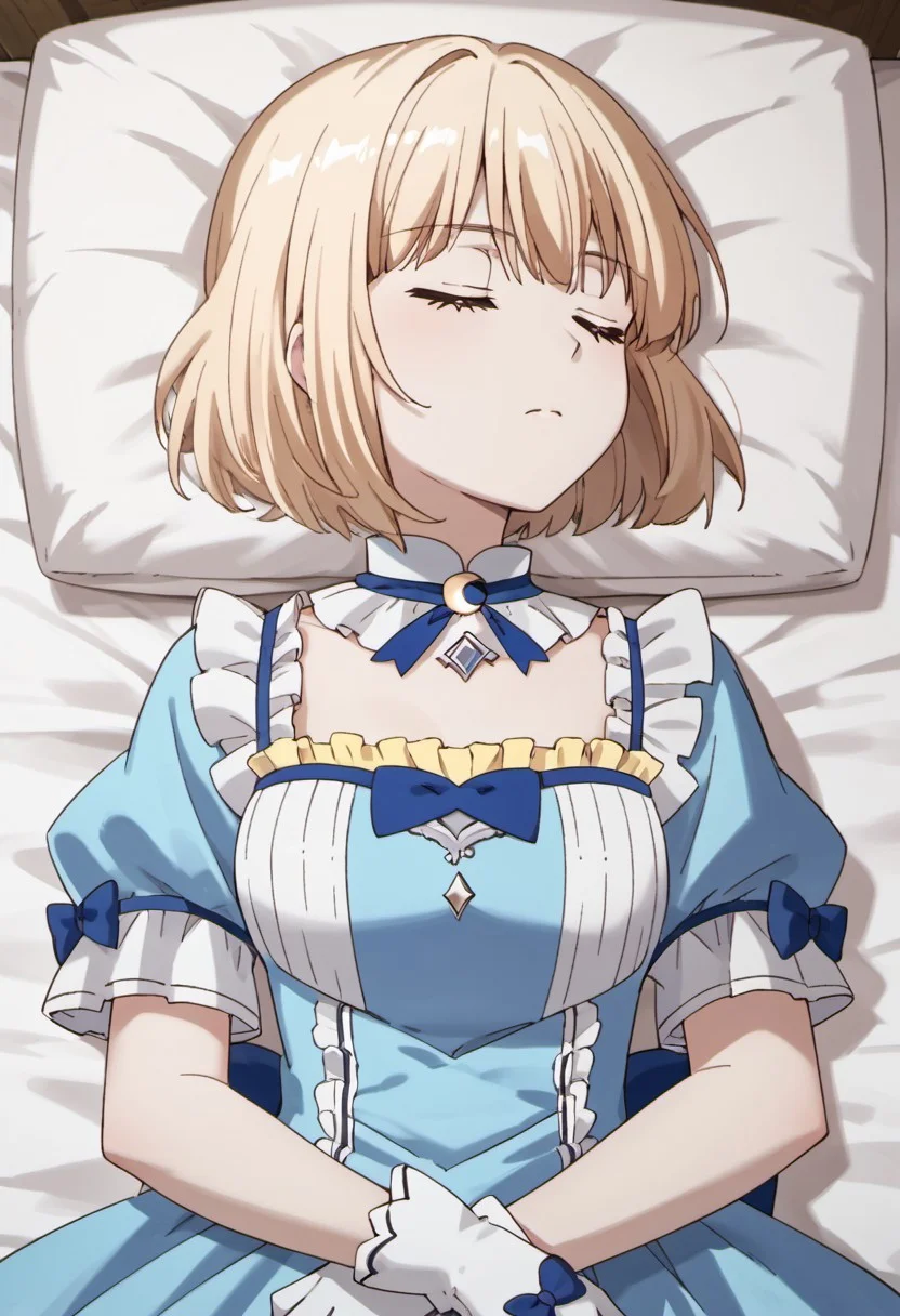 score_9, score_8_up, score_7_up, source_anime, mia luna tearmoon, blonde hair, short hair, blue eyes, 1girl, solo, closed eyes, lying, dress, on back, gloves, blue dress, bed, sleeping, white gloves, short sleeves
