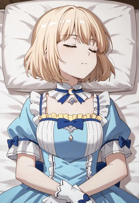 score_9, score_8_up, score_7_up, source_anime, mia luna tearmoon, blonde hair, short hair, blue eyes, 1girl, solo, closed eyes, lying, dress, on back, gloves, blue dress, bed, sleeping, white gloves, short sleeves