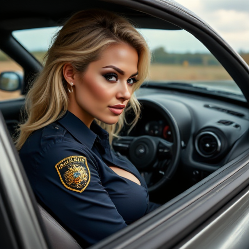 The image is a high-resolution, hyper-realistic photograph of a woman sitting in the front seat of a shiny silver sports car, likely a police vehicle, based on the insignia on her uniform. The woman is of Caucasian descent, with a fit, athletic build and a striking appearance. She has long, wavy blonde hair styled in loose waves cascading over her shoulders, with some of the hair styled in a side-swept manner. Her skin has a sun-kissed, golden tan, and she has full, voluminous eyelashes, accentuated with dark, dramatic eye makeup. She's wearing a navy blue police uniform with a badge and crest on the left breast, which features a golden crown emblem and the text "KARA." Her uniform is a fitted button-down shirt, which emphasizes her ample large enhanced cleavage, suggesting she is likely a high-ranking officer or a police academy cadet. She's wearing large hoop earrings and a subtle nude lipstick that complements her skin tone. The background outside the car window shows a blurred, rural landscape with a dry, golden field stretching into the distance, suggesting a late afternoon light.