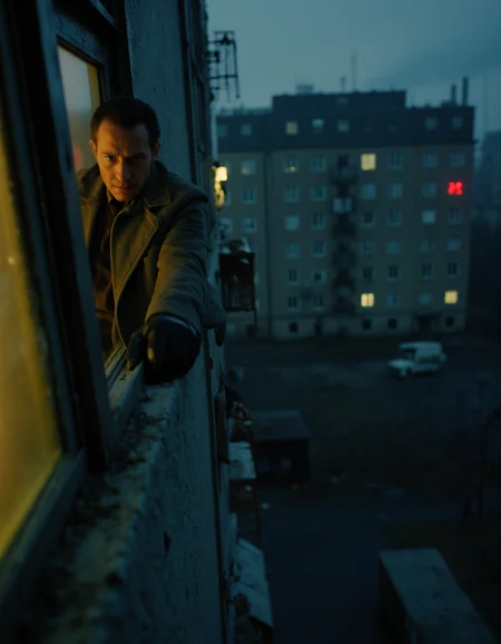 A tense, cinematic scene featuring a Russian spy agent gripping the edge of a crumbling concrete window frame on a Soviet-era housing block. The agent, dressed in a weathered trench coat and black leather gloves, clings precariously to the edge of the seventh-floor window. His expression is a mix of determination and desperation, with his sharp jawline and steely eyes partially illuminated by the faint yellow glow of the apartment's interior lights.
The scene is set at night, under a cold, cloudy sky, with a faint drizzle adding a sheen to the dull, gray concrete of the housing block. The building's façade is detailed with peeling paint, rusted balconies, and scattered laundry hanging from lines. Dim, flickering fluorescent lights from other windows contrast with the deep shadows cast by the building's angular design.
The perspective is dramatic, captured from a low angle, emphasizing the height and danger of the situation. In the distance, the faint glow of industrial smokestacks and a red neon sign hint at the bleak Soviet cityscape. A chilling wind stirs a nearby curtain, adding a sense of motion and urgency to the scene.
Technical Details for Photography-Style Rendering:
Camera: Canon EOS R5
Lens: RF 24-70mm f/2.8L IS USM
Settings: 35mm focal length, f/2.8 aperture, ISO 800, 1/125s shutter speed
Lighting: Practical light from the apartment window, supplemented by soft moonlight and ambient city lights, creating a dramatic chiaroscuro effect.
<lora:CinematicStyleFlux_v1:1>