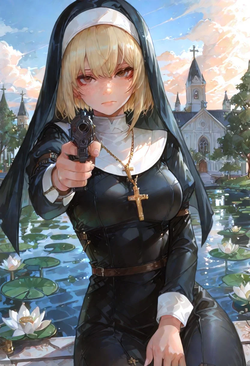 1girl, weapon, nun, gun, freckles, traditional nun, holding weapon, solo, cross, holding gun, outdoors, habit, holding, blonde hair, aiming, flower, brown eyes, tree, necklace, dress, handgun, jewelry, short hair, nose, cross necklace, black dress, sky, looking at viewer, , aiming at viewer, , long sleeves, water, sitting, breasts, closed mouth, cloud, fingernails, church, building, lily pad, finger on trigger, zPDXL3, detailxl,  Score_PnyReal, (lineless:1.5)
